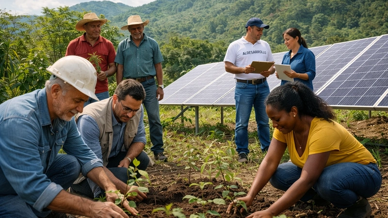 ALDESARROLLO ejecuta proyecto de desarrollo sostenible con comunidades rurales en Colombia junto a paneles solares y siembra comunitaria.