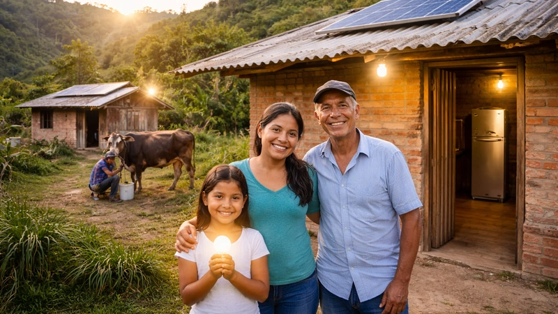 Familia campesina beneficiada con energía solar en vivienda rural gracias a un proyecto ejecutado por ALDESARROLLO.