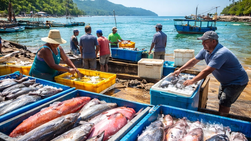Pescadores organizando productos pesqueros en jornada de comercialización apoyada por ALDESARROLLO a través del programa Pez Total.